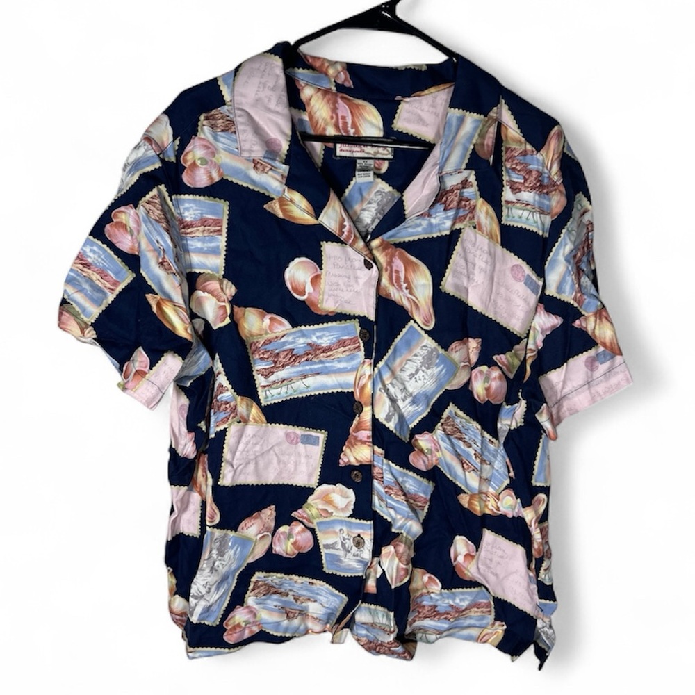 Jamaica Bay Tropical Travel Postcard Print Button Up Size 2X